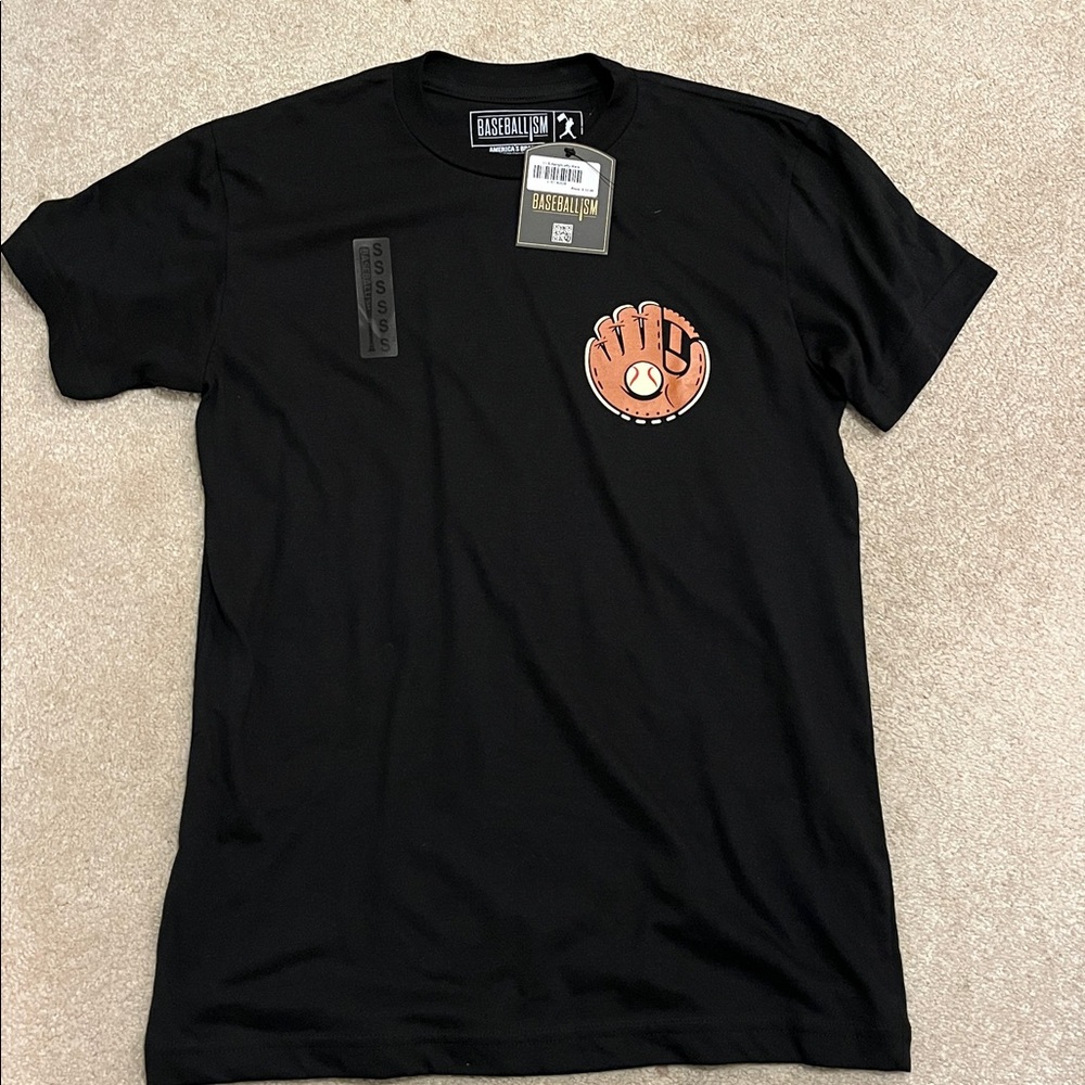 Black Baseballism T-Shirt with Orange Glove Logo and Lefty wording
